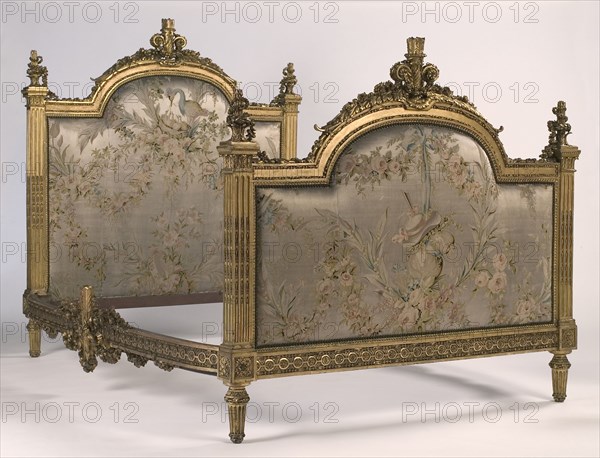 Bed, 1700s. Attributed to Georges Jacob (French, 1739-1814). Gilded wood and embroidered satin; overall: 213.4 cm (84 in.); part 1: 163.2 x 147.3 cm (64 1/4 x 58 in.); part 2: 132.7 x 147.3 cm (52 1/4 x 58 in.).