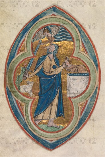 Miniature Excised from a Compendium in historiae genealogia Christi by Peter Poitiers: The Sacrifice of Isaac, 1200-1250. Workshop of William de Brailes (English, active c. 1230). Ink, tempera, and gold on vellum; sheet: 14 x 9.2 cm (5 1/2 x 3 5/8 in.).