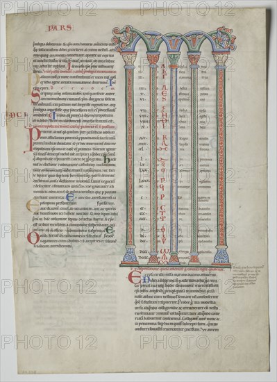 Single Leaf from a Decretum by Gratian:  Quadruple Arcade with Concordance of Greek and Latin Alphabets , c. 1160-1165. France, Burgundy, Archdiocese of Sens, Abbey of Pontigny, 12th century. Ink and tempera on vellum; sheet: 44.8 x 32 cm (17 5/8 x 12 5/8 in.); framed: 63.5 x 48.3 cm (25 x 19 in.); matted: 55.9 x 40.6 cm (22 x 16 in.).
