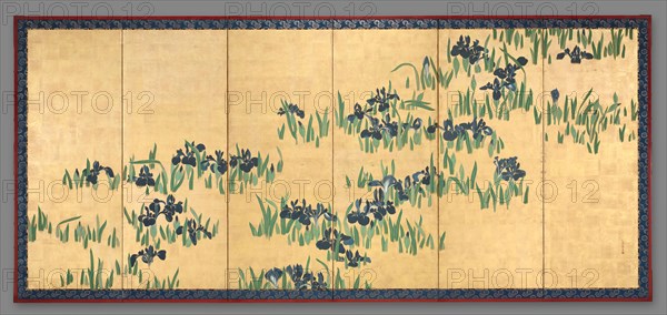 Irises, 1700s. Watanabe Shiko (Japanese, 1683-1755). Pair of six-panel folding screens, ink and color on gilded paper; overall: 154 x 334.3 cm (60 5/8 x 131 5/8 in.).