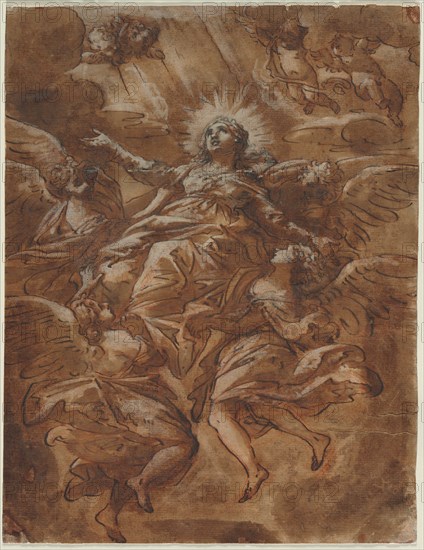Assumption of the Virgin, 1600s. Italy, 17th century. Pen and brown ink and brush and brown wash over red chalk, heightened with white gouache; incised; sheet: 36.7 x 28.4 cm (14 7/16 x 11 3/16 in.); secondary support: 36.7 x 28.4 cm (14 7/16 x 11 3/16 in.).