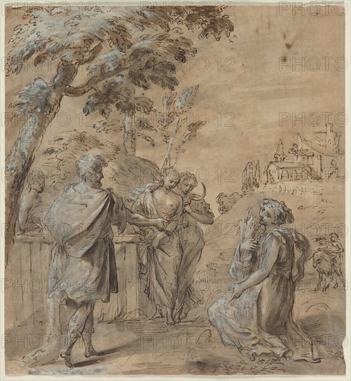 Ruth and Boaz, 1600s. Italy, 17th century. Pen and brown ink and brush and brown wash over black chalk, heightened with lead white; sheet: 30.2 x 27.7 cm (11 7/8 x 10 7/8 in.).