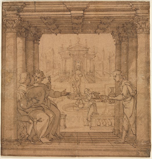 Illustration from Torquato Tasso's Gerusalemme Liberata, 1586-1590. Bernardo Castello (Italian, 1557-1629). Pen and brown ink and brush and brown wash with traces of graphite; framing lines in brown ink; sheet: 21.3 x 20.5 cm (8 3/8 x 8 1/16 in.); secondary support: 21.3 x 20.5 cm (8 3/8 x 8 1/16 in.).