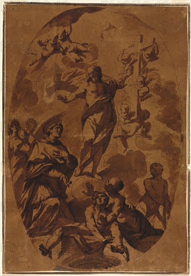 Christ Triumphant Appearing to an Interceding Saint, 1600s. Italy, Bologna, 17th century. Pen and brown ink and brush and brown wash; framing lines in brown ink; sheet: 38 x 25.8 cm (14 15/16 x 10 3/16 in.); image: 37.2 x 25 cm (14 5/8 x 9 13/16 in.); secondary support: 38.6 x 26.6 cm (15 3/16 x 10 1/2 in.).