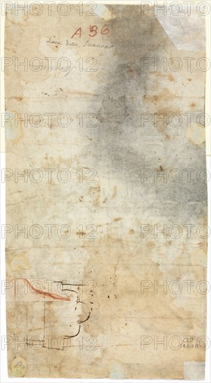Architectural Sketch, 1500s. Italy, 16th century. Pen and brown ink with red chalk (on separately applied piece of paper); pricked and pounced in left half (for an unrelated image); sheet: 14.4 x 26.9 cm (5 11/16 x 10 9/16 in.).