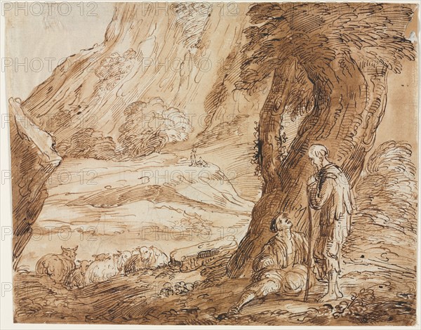 Landscape with Sheep and Two Shepherds, first half 19th century?. Thomas Barker (British, 1769-1847). Pen and brown ink and brush and brown wash with graphite; squared in graphite; sheet: 24.1 x 30.9 cm (9 1/2 x 12 3/16 in.).