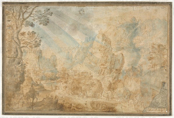 Mountain Landscape with Figures, first half 1600s. Anton Mirou (Flemish, bef 1586-aft 1661). Pen and brown ink and brush and gray wash with blue and green watercolor, over traces of black chalk, with white paint; image: 20.8 x 32.2 cm (8 3/16 x 12 11/16 in.).