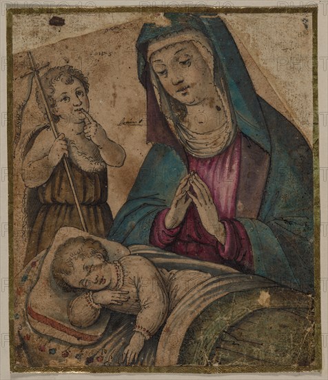 Virgin and Child with Saint John, 1500s. Italy, 16th century. Pen and black ink and brush and brown wash and blue, green, red and red-purple gouache; sheet: 17.6 x 15 cm (6 15/16 x 5 7/8 in.); secondary support: 18.2 x 15.6 cm (7 3/16 x 6 1/8 in.); tertiary support: 18.2 x 15.6 cm (7 3/16 x 6 1/8 in.); quadratic support: 24.8 x 20.9 cm (9 3/4 x 8 1/4 in.).