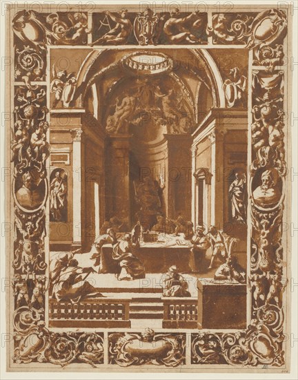 Architectural Conference, c. 1622. Italy, 17th century. Pen and brown ink and brush and brown wash with graphite; framing lines in brown ink; sheet: 45.3 x 35.2 cm (17 13/16 x 13 7/8 in.); image: 44.2 x 34.1 cm (17 3/8 x 13 7/16 in.).