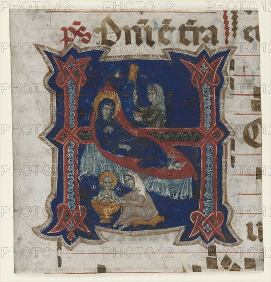 Fragment of a Choir Book with Historiated Initial (H): Birth of the Virgin, 13th Century. Southern Italy, 13th century. Ink, tempera, and gold on parchment; sheet: 13 x 12 cm (5 1/8 x 4 3/4 in.)