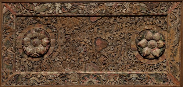 Ornamental Panel (from a Ceiling?), 500s (frame) and 700s (central panel). Egyptian, Coptic, 4th-5th century. Wood with paint; average: 70.6 x 144.2 cm (27 13/16 x 56 3/4 in.).