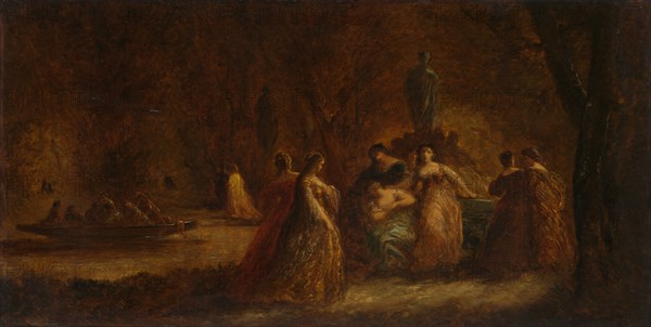 A Woodland Fête, c. 1853-1857 or c. 1862. Adolphe Monticelli (French, 1824-1886). Oil on fabric; framed: 74 x 123.5 x 8 cm (29 1/8 x 48 5/8 x 3 1/8 in.); unframed: 52 x 101.6 cm (20 1/2 x 40 in.)
