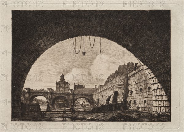 The New Bridge and the Samaritaine seen from under the First Arch of the Exchange Bridge, Paris, 1855. Charles Meryon (French, 1821-1868). Etching