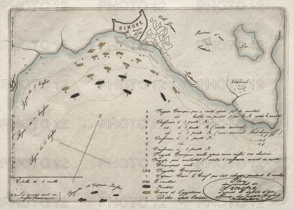 Map of the Battle of Sinope, 1853. Charles Meryon (French, 1821-1868). Etching, hand colored with watercolor