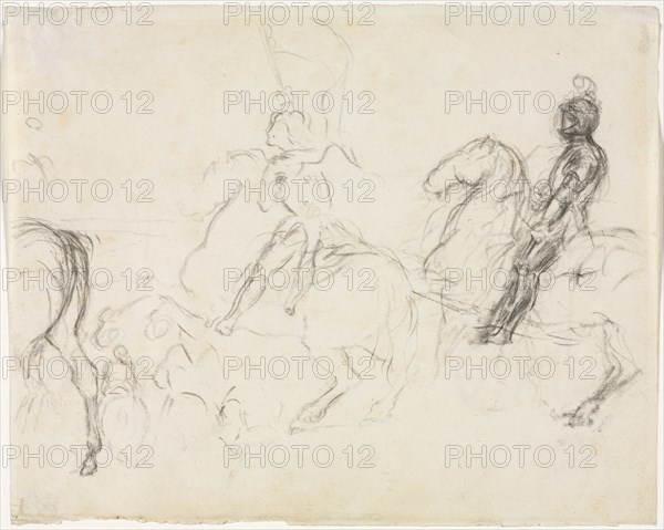 Battle Scene with Armored Figures on Horseback, 1856-1860. Edgar Degas (French, 1834-1917). Black crayon; sheet: 17 x 21.3 cm (6 11/16 x 8 3/8 in.).