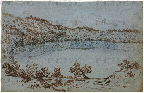 View of Lake Nemi (recto) Small Group of Roman Ruins (verso), c. 1650. Italy, 17th century. Pen and brown ink with brush and blue wash (discolored to green in places) (trace of red chalk unrelated to composition); sheet: 16.7 x 26 cm (6 9/16 x 10 1/4 in.).