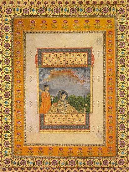 Princess and attendant in trompe l’oeil window, c. 1765. Aqil Khan (Indian, active mid-1700s). Opaque watercolor and gold on paper; image: 12.5 x 7.8 cm (4 15/16 x 3 1/16 in.); overall: 44 x 31.6 cm (17 5/16 x 12 7/16 in.).