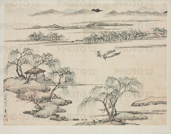 Landscape Album in Various Styles: The Stream of Wuling, 1684. Zha Shibiao (Chinese, 1615-1698). Album leaf, ink and light color on paper; overall: 29.9 x 39.4 cm (11 3/4 x 15 1/2 in.).