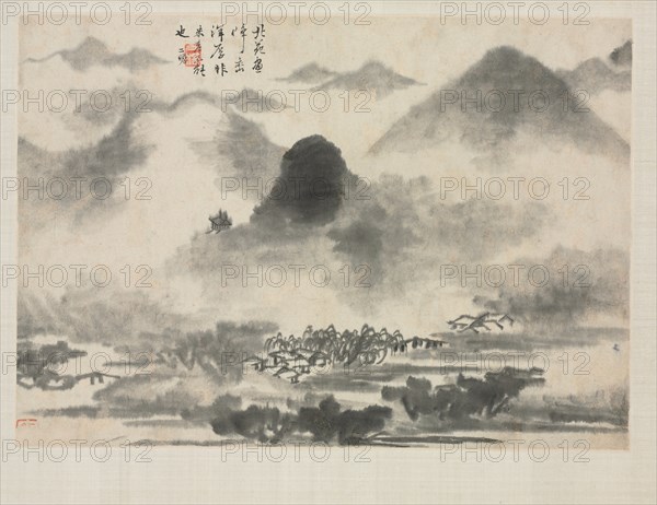 Landscape Album in Various Styles: Landscape after Mi Fei, 1684. Zha Shibiao (Chinese, 1615-1698). Album leaf, ink and light color on paper; overall: 29.9 x 39.4 cm (11 3/4 x 15 1/2 in.).