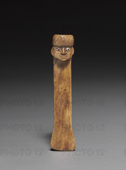 Spatula with Carved Head, 500-900. Peru, Wari style (500-900). Bone with shell inlay; overall: 11.2 x 2.6 cm (4 7/16 x 1 in.).