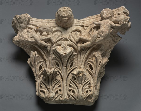 Engaged Capital with Human Figures and Foliage, 300s - 400s. Egypt, 4th - 5th centuries, Coptic period. Limestone; overall: 55.9 x 76.2 x 33 cm (22 x 30 x 13 in.).