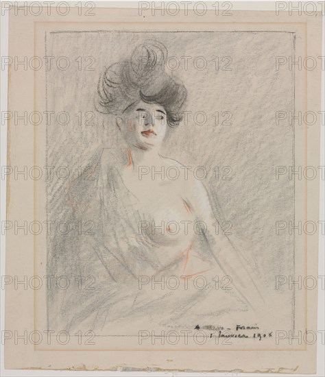 Courtesan, 1906. Jean Louis Forain (French, 1852-1931). Black, red, and white chalk; framing lines in black chalk; sheet: 25.2 x 21.8 cm (9 15/16 x 8 9/16 in.); image: 21.4 x 17.5 cm (8 7/16 x 6 7/8 in.).