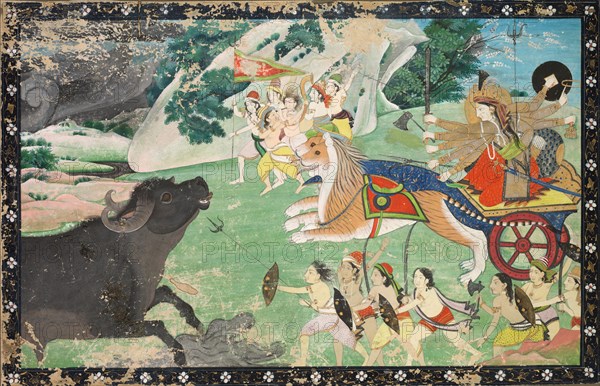 Durga Slaying Mahisha, c. 1830. India, Pahari, Sirmur, 19th century. Color on paper; image: 15.8 x 25.3 cm (6 1/4 x 9 15/16 in.); overall: 17.7 x 27.5 cm (6 15/16 x 10 13/16 in.).
