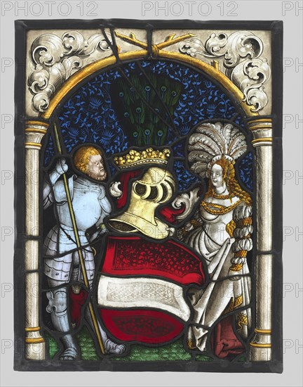 Heraldic Panel Depicting a Knight and a Lady with the Arms of the Archduchy of Austria, c. 1515. Switzerland, Germany, or Austria, 16th century. White glass with silver stain, sanguine, and pot metal; overall: 39.1 x 28.9 cm (15 3/8 x 11 3/8 in.).