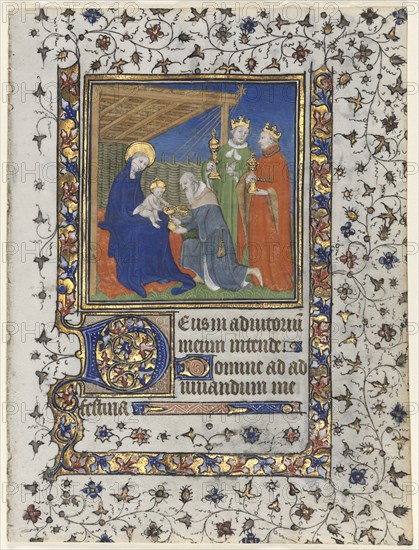 Bifolio from a Book of Hours: Adoration of the Magi, c. 1415. Workshop of Boucicaut Master (French, Paris, active about 1410-25). Ink, tempera, and gold on vellum; folio: 16.8 x 12.7 cm (6 5/8 x 5 in.)