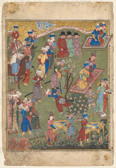 Royal Feast in a Garden, recto of left folio from the double-page frontispiece of a Shahnama of Firdausi (Persian, about 934–1020), 1444. Iran, Shiraz, Timurid Period, 15th Century. Opaque watercolor, gold, and silver on paper; overall: 32.7 x 22 cm (12 7/8 x 8 11/16 in.); image: 26.1 x 20.7 cm (10 1/4 x 8 1/8 in.).