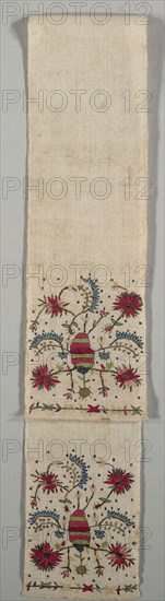 Embroidered Sash ("Uckur"), 19th century. Turkey or Greece, Sporades Islands, Skyros ?, 19th century. Embroidery: silk thread and brass strip hooked through and pressed flat on linen tabby ground; average: 158.8 x 20.4 cm (62 1/2 x 8 1/16 in.).