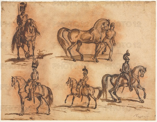 Five Equestrian Studies: Cavalrymen, mid 19th century. Auguste Raffet (French, 1804-1860). Pen and brown ink and brush and brown wash over graphite, with red chalk wash; sheet: 23.5 x 30.5 cm (9 1/4 x 12 in.).