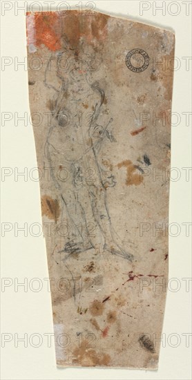 Sketch of an Armoured Male Figure, 1600s. Anonymous. Graphite (figure); pen and black ink (cross hatching); random paint and ink stains; sheet: 30.1 x 12.5 cm (11 7/8 x 4 15/16 in.).