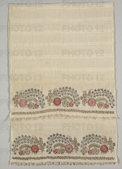 Embroidered Towel (Havlu), 19th century. Turkey, 19th century. Embroidery: silk, gold and silver filé, and gold strip pushed through silk, bent and pressed into place, on cotton tabby ground; average: 150.9 x 68.6 cm (59 7/16 x 27 in.)