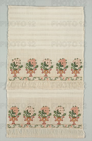 Embroidered Towel, 19th century. Turkey, 19th century. Embroidery: silk thread and tinsel pushed through fabric, bent and pressed into place, on linen tabby ground; average: 129 x 49.9 cm (50 13/16 x 19 5/8 in.)