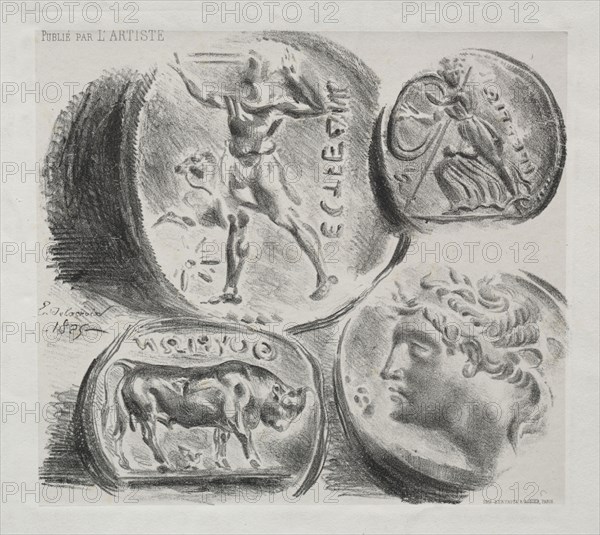 Published in L'Artiste on 1 September 1864: Sheet with Four Antique Medals, 1825. Eugène Delacroix (French, 1798-1863), Bertauts, R. Rodier. Lithograph on chine collé; sheet: 27.3 x 35.9 cm (10 3/4 x 14 1/8 in.); image: 17.3 x 19.2 cm (6 13/16 x 7 9/16 in.)