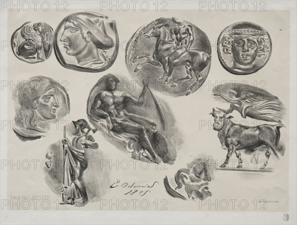 Sheet with Nine Antique Medals, 1825. Eugène Delacroix (French, 1798-1863), L'Artiste. Lithograph with beige tint stone; sheet: 26.8 x 36.2 cm (10 9/16 x 14 1/4 in.); image: 22.2 x 31 cm (8 3/4 x 12 3/16 in.)