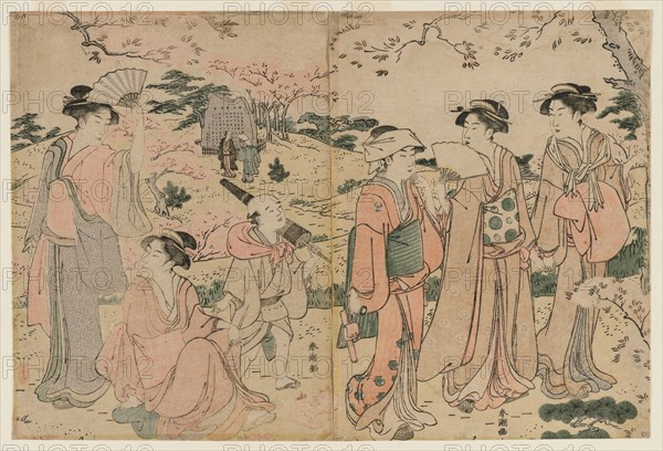 Women Viewing Cherry Blossoms at Asukayama, 1780s. Katsukawa Shuncho (Japanese). Color woodblock print; overall: 25.5 x 20.2 cm (10 1/16 x 7 15/16 in.).