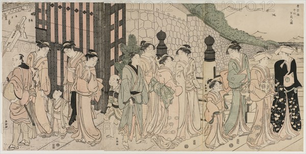 A Thousand Autumns, Ten Thousand Years on Tokiwa Bridge, early 1790s. Katsukawa Shuncho (Japanese). Color woodblock print; overall: 36.9 x 25.2 cm (14 1/2 x 9 15/16 in.).