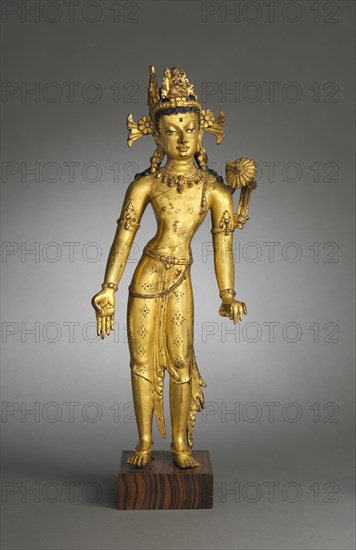 Bodhisattva of Wisdom (Manjushri),, 1400s. Nepal, 15th century. Gilded copper; overall: 42.4 x 16.5 cm (16 11/16 x 6 1/2 in.).