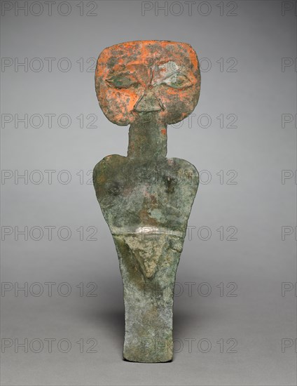 Funerary Female Figure, 1200-1500. Peru, South Coast, Chicha-Ica Valley area, 15th-16th century. Hammered silvered copper, cinnabar; overall: 24.6 x 8.4 cm (9 11/16 x 3 5/16 in.).