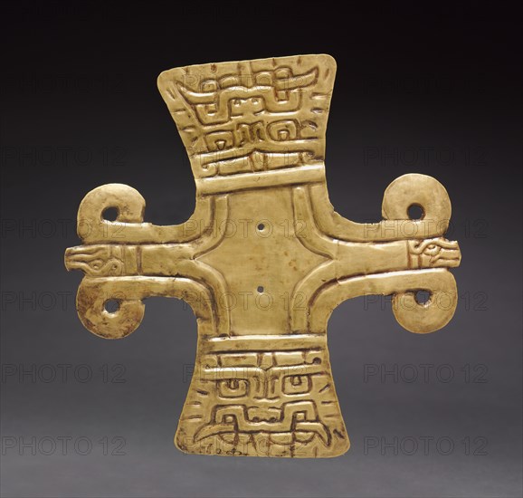 Cross-Shaped Ornament, c. 500-200 BC. Peru, North Highlands, Chavín de Huantar(?), Chavín style (1000-200 BC). Hammered and cut gold; overall: 14.6 x 14 cm (5 3/4 x 5 1/2 in.).