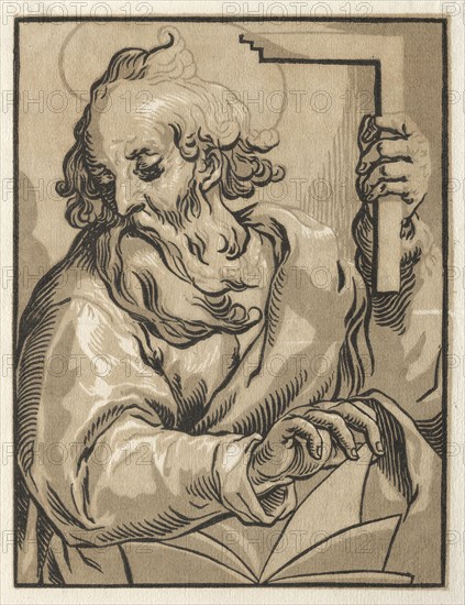 the Series: Christ and the Apostles, no. 17: Christ and the Apostles: St. Thomas  (with the Square), 1600s. Ludolph Büsinck (German, 1590-1669), after G. Lallemand. Chiaroscuro woodcut; sheet: 24.2 x 18.7 cm (9 1/2 x 7 3/8 in.); image: 21 x 16 cm (8 1/4 x 6 5/16 in.)