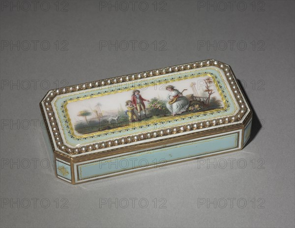 Snuff Box, late 1700s. Switzerland, late 18th century. Gold and enamel with pearls; overall: 1.6 x 3.7 cm (5/8 x 1 7/16 in.).