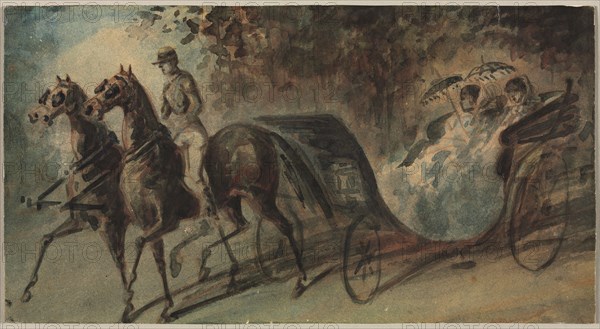 Carriage in the Bois de Boulogne, 1800s. Constantin Guys (French, 1805-1892). Watercolor; sheet: 14.8 x 27.5 cm (5 13/16 x 10 13/16 in.); secondary support: 14.8 x 27.5 cm (5 13/16 x 10 13/16 in.).
