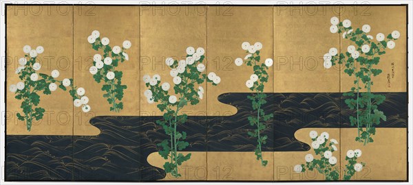 Chrysanthemums by a Stream, late 1700s-early 1800s. Follower of Ogata Korin (Japanese, 1658-1716). Pair of six-panel folding screens; ink and color on gilded paper; overall: 163.2 x 369.9 cm (64 1/4 x 145 5/8 in.).