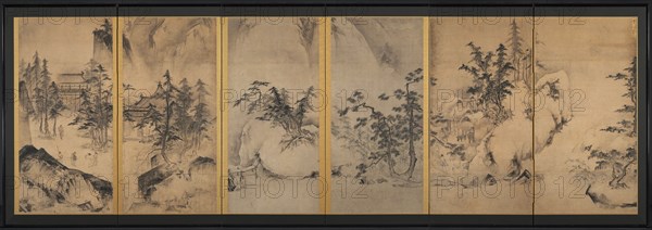 Winter and Spring Landscape, first half of the 15th Century. Attributed to Tensho Shubun (Japanese). Six-fold screen, ink and slight color on paper; image: 117.4 x 343.5 cm (46 1/4 x 135 1/4 in.); overall: 131.4 x 381.6 cm (51 3/4 x 150 1/4 in.); closed: 70 x 12 cm (27 9/16 x 4 3/4 in.); panel: 131.4 x 62 cm (51 3/4 x 24 7/16 in.); with frame: 135.2 x 385.4 cm (53 1/4 x 151 3/4 in.).