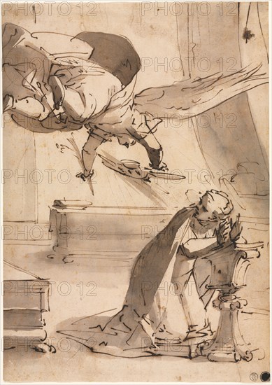 The Annunciation, c. 1568. Luca Cambiaso (Italian, 1527-1585). Pen and brown ink (iron gall) and brush and brown wash over traces of black chalk; sheet: 29.5 x 20.7 cm (11 5/8 x 8 1/8 in.).