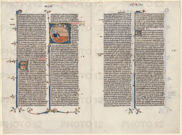 Bifolium from a Bible: Initial E[t factum est] with Ezekiel, c. 1290. France, Paris, 13th century. Ink, tempera, and gold on vellum; sheet: 40.3 x 53.7 cm (15 7/8 x 21 1/8 in.)