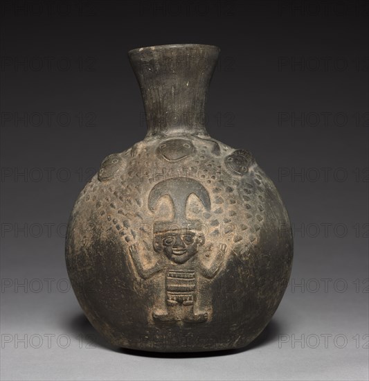 Bottle with Figure in Relief, 1200s-1400s. Peru, probably Chiclaya, Chimu, 13th-15th century. Black ware; overall: 21.5 x 16.3 x 14.5 cm (8 7/16 x 6 7/16 x 5 11/16 in.).